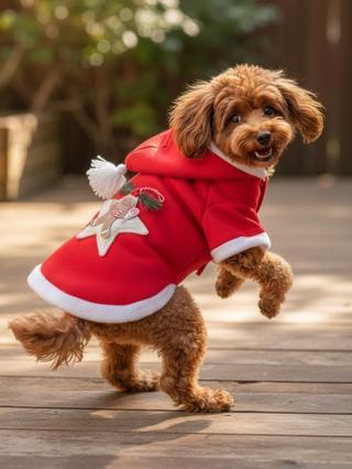 Yılbaşı Köpek Kıyafeti Yıldız Desenli Kırmızı Polar | Kapüşonlu Noel Köpek Kostümü | Küçük Irklar İçin