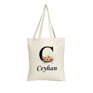 Kişiye Özel Çiçek Desenli Harf & İsim Bez Çanta – Doğal Kumaş Şık Hediye