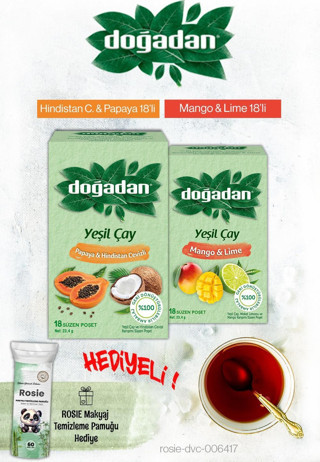 Doğadan Yeşil Çay Mango Lime ve Hindistan Cevizi Papaya Poşet Çay ve Rosie Hediyeli