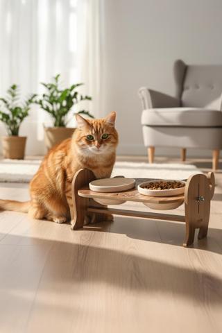 Ahşap Özel Isim Baskılı, Kedi Mama Seramik Su Kabı Standı Hediye Kedi Halısı