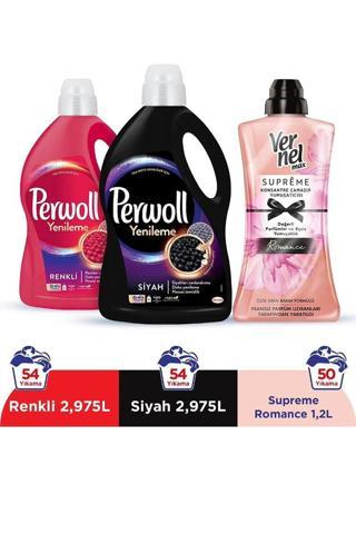 Perwoll Sıvı Çamaşır Deterjanı 2 x2.97L(108 Yıkama) Renkli +Siyah+Vernel Max 1200ml Supreme Romance