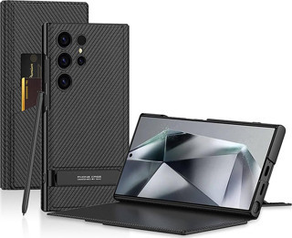 Galaxy S24 Ultra Kılıf Kamera Korumalı Karbon Tasarım MKST Droga Standlı Kartlıklı Kapaklı Kılıf