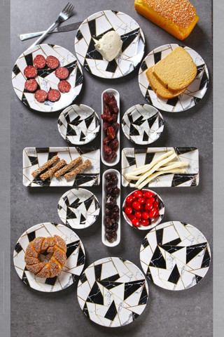 14 Parça 6 Kişilik Handmade Mermer Desen Kahvaltı Takımı - Lüx Kahvaltılık Sunum Seti