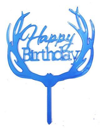 Happy Birthday Yazılı Pasta Süslemesi Kek Çubuğu Mavi Renk 13 cm