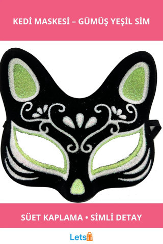 Siyah Süet Kaplama Gümüş Yeşil Simli Kedi Maskesi
