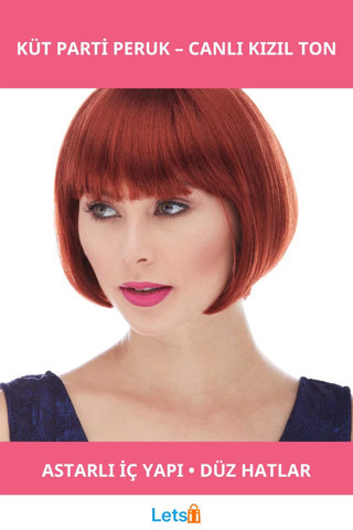 Kızıl Renk Düz Kesim Astarlı Küt Parti Peruğu