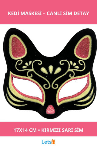 Siyah Süet Kırmızı Sarı Simli Kedi Maskesi