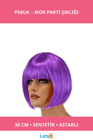 Kısa Mor Sentetik Parti Peruğu 30 cm