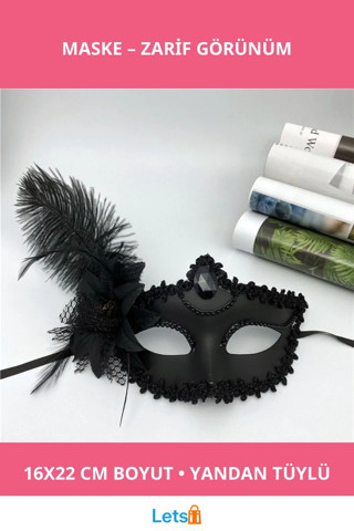 Siyah Mat Renk Yandan Tüylü Güllü Venedik Maskesi