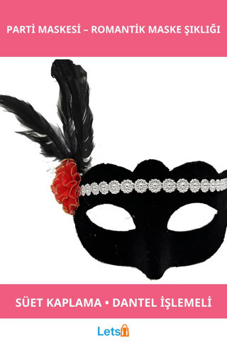 Gümüş Dantelli Kırmızı Gül Tasarımlı Şık Parti Maskesi