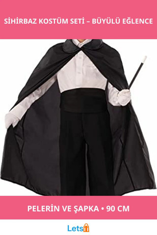 Siyah Renk Sihirbaz Pelerini ve Şapkası 90 cm Çocuk Kostümü