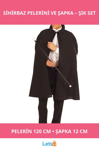 Siyah Yetişkin Sihirbaz Pelerini ve Şapkası 120 cm