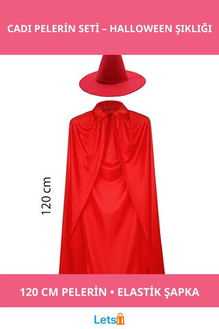 Yetişkin Boy Kırmızı Yakalı Pelerin ve Cadı Şapkası Kostümü