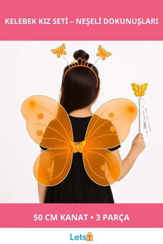50 cm Turuncu Kelebek Kanadı, Taç ve Asa Kostüm Seti
