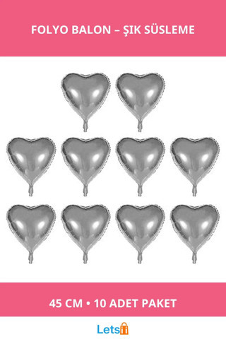 Kalp Şekilli Gümüş Renk Folyo Balon 45 cm 10 Adet