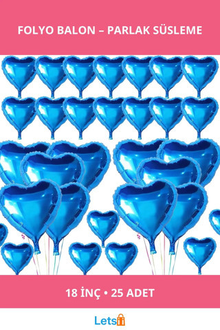 Metalize Mavi Kalp Folyo Balon 18 inç 25 Adet