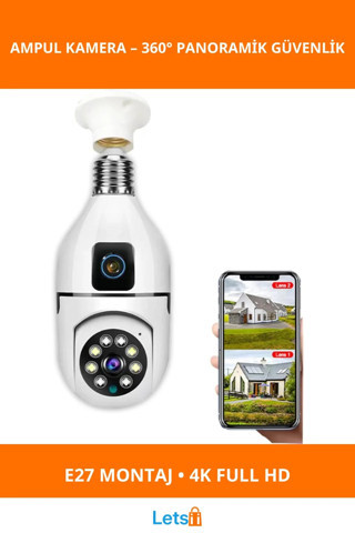 Çift Lensli Duy Girişli Kablosuz Ampul Kamera 4K Full HD