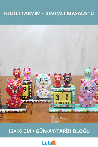 Ahşap Kedili Dekoratif Masa Takvimi 12x16 cm