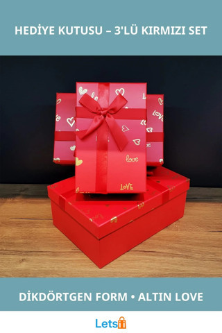 3'lü Kırmızı Kalp Desenli Hediye Kutusu Seti