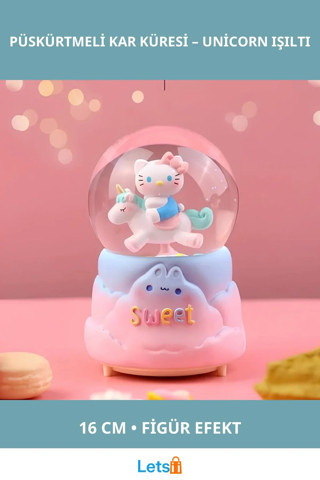 Hello Kitty İçi Dönmeli Işıklı Müzikli Kar Küresi Büyük Boy 16cm Unicorn