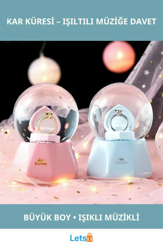 Tek Taş Yüzük Tasarımlı Büyük Boy Işıklı Müzikli Kar Küresi