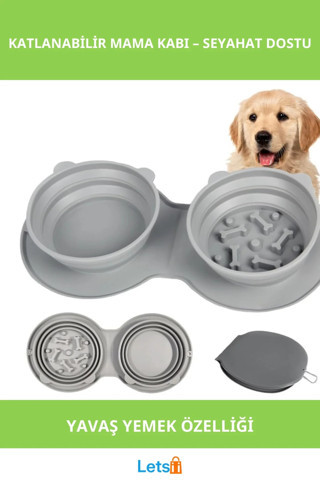 Katlanabilir İkili Mama ve Su Kabı Sağlıklı Yavaş Yeme Özellikli Gri