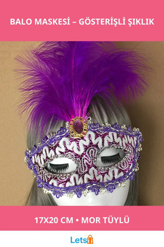 Mor Dantel İşlemeli Mor Tüylü Şık Balo Parti Maskesi
