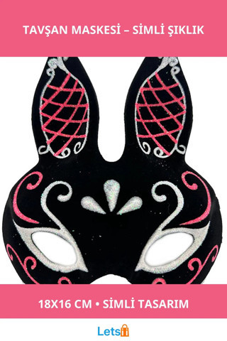 Siyah Süet Simli Tavşan Maskesi 18x16 cm