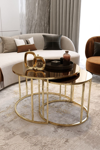 Home Plus Mobilya Yavrulu 1+1 Orta Sehpa Gold Ayak Bronz Ayna