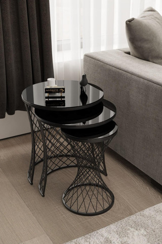 Mydeco Hasır Zigon Sehpa Siyah Ayak Siyah Ayna