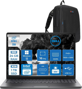 Dell Pro 16 Intel Core Ultra 5 235U 4.9ghz 24GB Ddr5 1tb SSD Windows 11 Home Intel® Aı Boost 16 Inç IPS Fullhd+ (1920X1200) Taşınabilir Bilgisayar PC16250BTO105H08 + Zetta Çanta