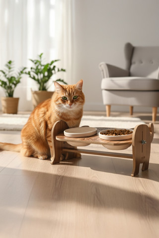 Gobypet Ahşap Özel Isim Baskılı, Kedi Mama Seramik Su Kabı Standı Hediye Kedi Halısı