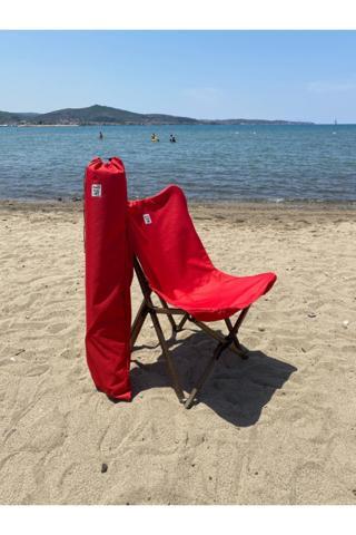Bag The Joy Ahşap Katlanır Kamp & Bahçe Sandalyesi – Antrasit Iskelet - Kırmızı Kılıf