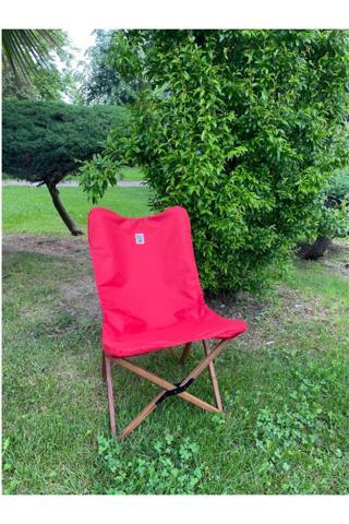 Bag The Joy Ahşap Katlanır Kamp & Bahçe Sandalyesi – Kahverengi Iskelet - Kırmızı Kılıf