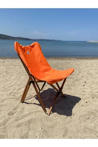 Bag The Joy Ahşap Katlanır Kamp & Bahçe Sandalyesi – Kahverengi Iskelet - Turuncu Kılıf