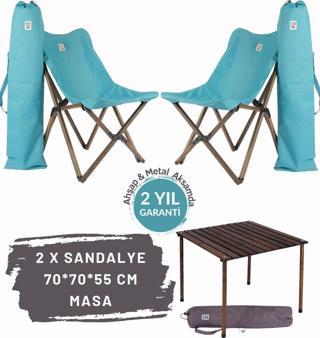 Bag The Joy Ahşap Katlanır Masa Sandalye Seti Antrasit Iskelet Turkuaz Kılıf 70x70x55 Antrasit Masa