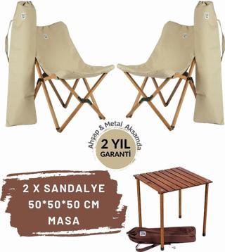 Bag The Joy Ahşap Katlanır Masa Sandalye Seti Kahverengi Iskelet Bej Kılıf-50x50x50 Kahverengi Masa