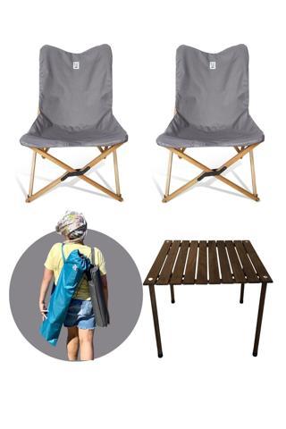 Bag The Joy Ahşap Katlanır Masa Sandalye Seti Kahverengi Iskelet Koyu Grı Kılıf -60x60x55 Kahve Masa