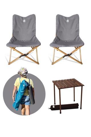 Bag The Joy Ahşap Katlanır Masa Sandalye Seti Kahverengi Iskelet Koyu Grı Kılıf-50x50x50 Kahve Masa