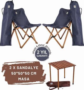 Bag The Joy Ahşap Katlanır Masa Sandalye Seti Kahverengi Iskelet Lacivert Kılıf–50x50x50 Kahve Masa