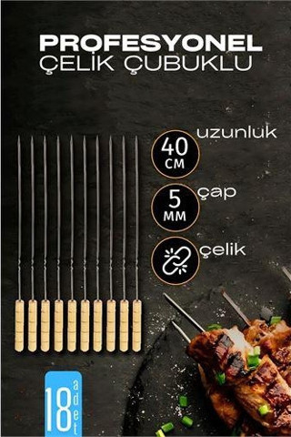 Modacar Çelik Şiş Çubuğu - Mangal Şişi Ahşap Saplı Kebap Şişi 18 Adet