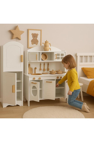 Özka Hobi Ahşap Boyalı Buzdolaplı Mutfak Seti(14 Parça Servis Eti Ve Tençere Ve Tava Seti Hediyeli)