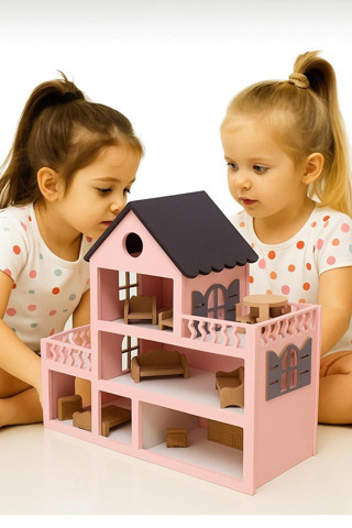 Özka Hobi Ahşap Pembe Boyalı Barbie Evi, Ham Aksesuarlı, Eğlenceli Ve Renkli Oyun Alanı