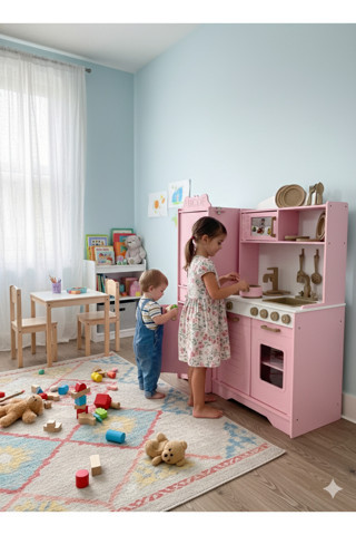 Özka Hobi Ahşap Pembe Buzdolaplı Tencere Ve Tava Setli Mutfak Seti