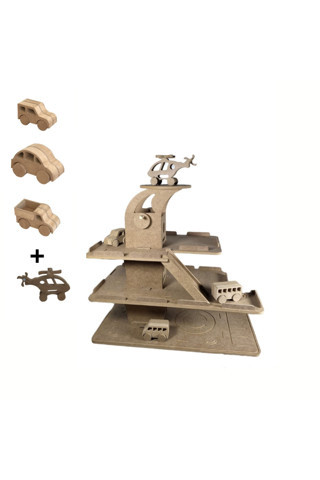 Özka Hobi Ahşap Asansörlü Garaj Seti 3 Araba 1 Helikopter