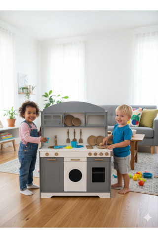 Özka Hobi Ahşap 3 Kapaklı Gri Boyalı 14 Parça Servis Seti Hediyeli Mutfak Seti