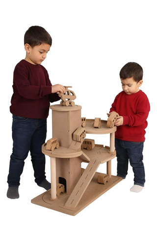 Özka Hobi Ahşap Ahşap Katlı Otopark Garaj Oyuncak - 1 Adet 110 Cc Boya + 1 Adet Ahşap Oyuncak Araba