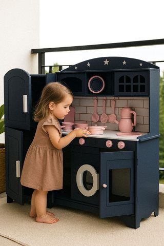 Özka Hobi Ahşap Buzdolaplı Boyalı Mutfak ,Tencere Ve Tava Setli