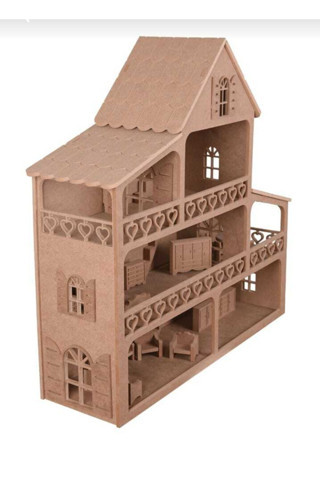 Özka Hobi Ahşap Ahşap Oyuncak Barbie Evi + Ahşap Minyatür Oyuncak Mobilya Takımı