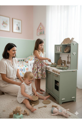 Özka Hobi Ahşap 14 Parça Servis Seti Hediyeli Ihlamur Oyuncak Tencere Ve Tava Setli Mutfak Seti